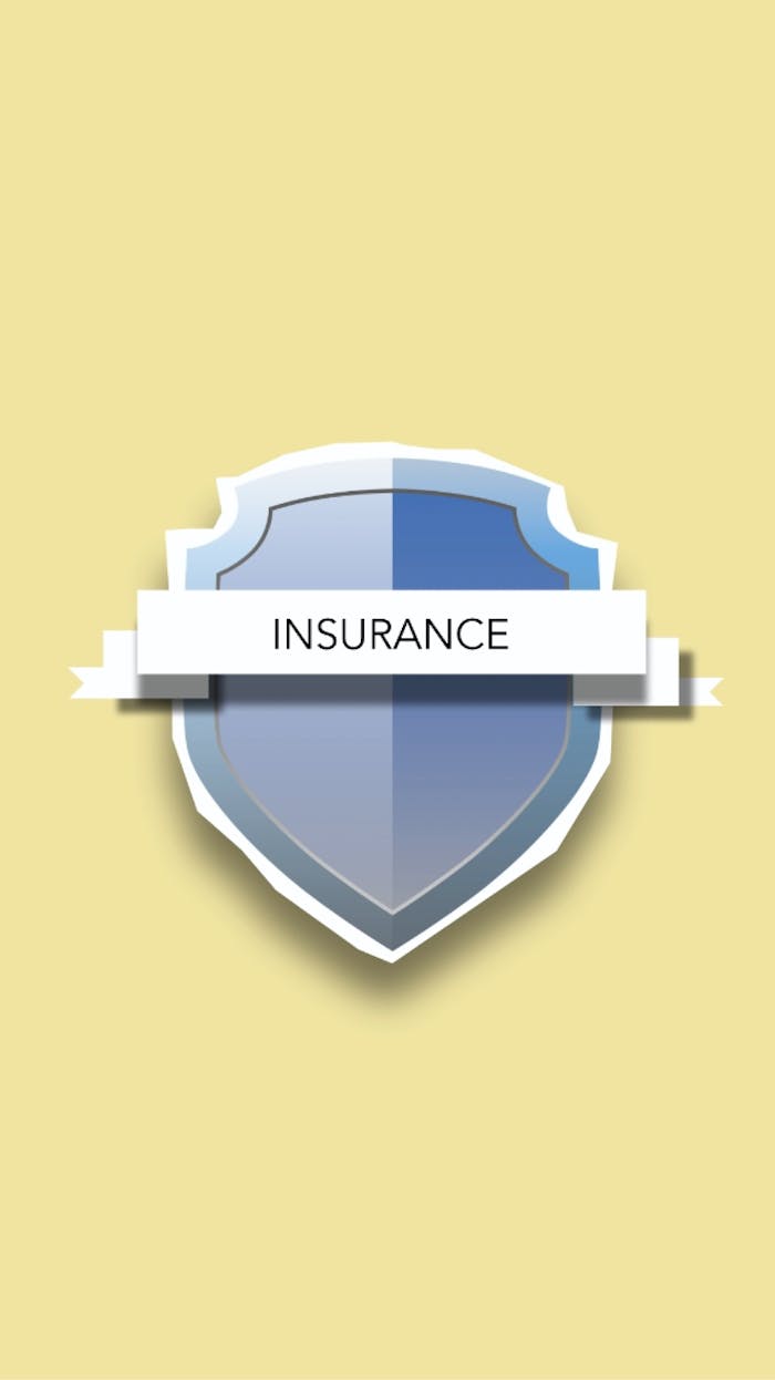 Blue shield graphic with insurance label on yellow background.